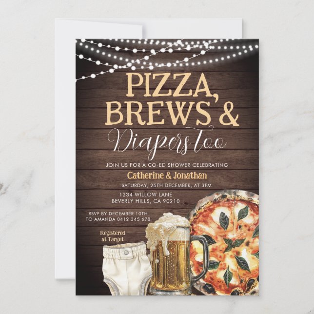 Pizza, Brews & Diaper också, Baby Shower Wood Inbjudningar (Framsida)