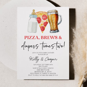 Pizza Brews och blöjor gånger två tvilling baby sh Inbjudningar