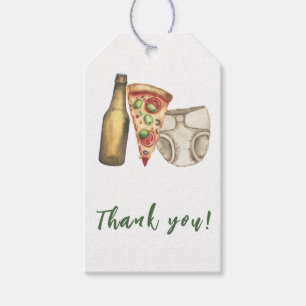 Pizza, Brews och Dengor för babydusch Tack Presentetikett