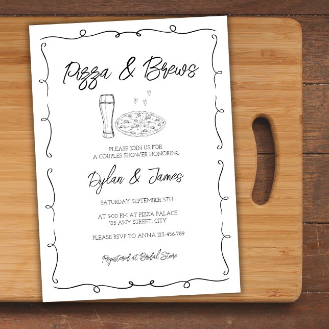 Pizza & Brews Whimsical Hand plockade Par Shower Inbjudningar (Pizza & Brews Whimsical Hand Drawn Couples Shower Invitation)