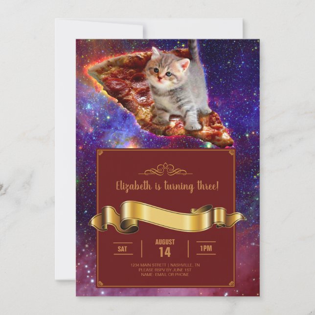 Pizza Cat in Space Funny-inbjudan Inbjudningar (Framsida)