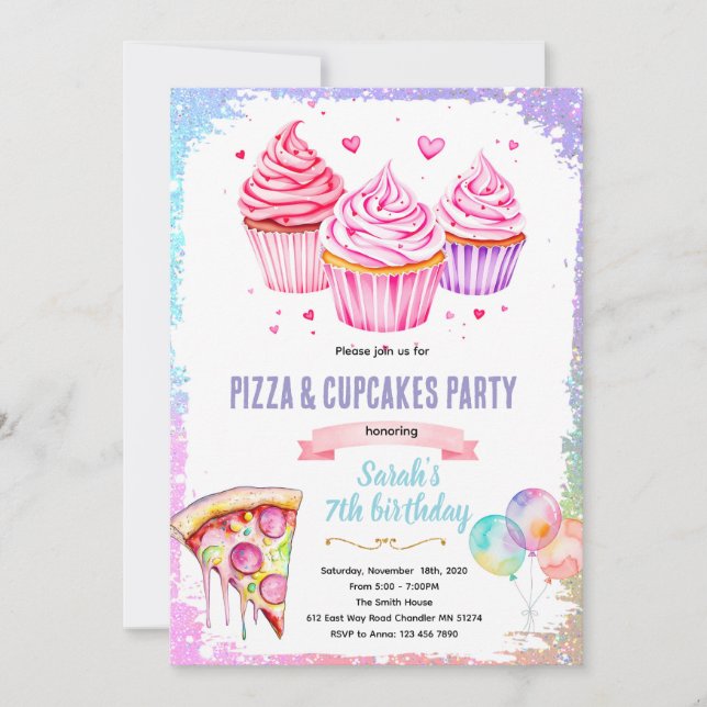 Pizza cupcake flicka tema inbjudan (Framsida)