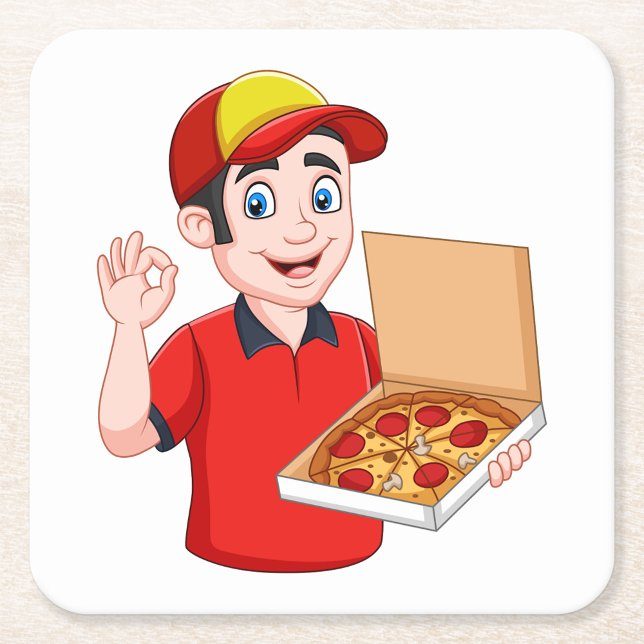 Pizza Delivery Underlägg Papper Kvadrat (Cartoon Pizza Guy!)