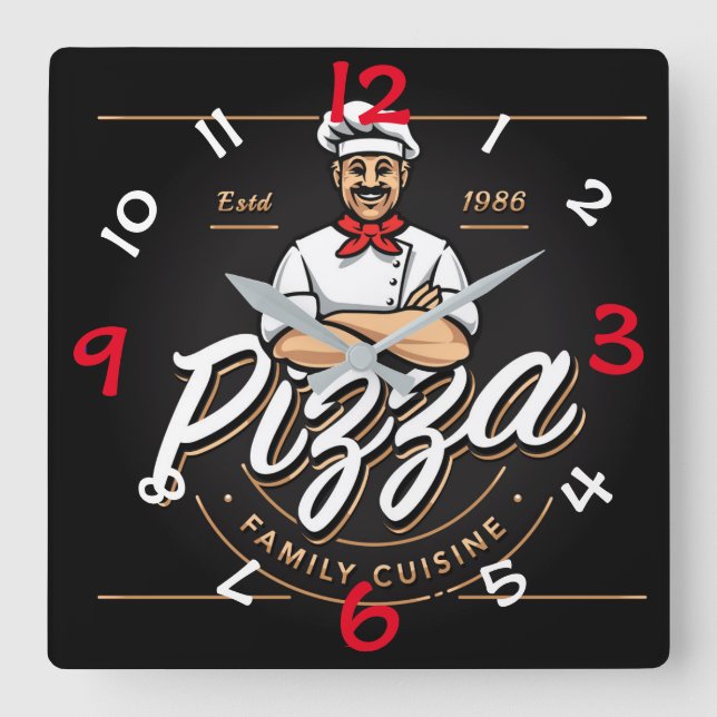 Pizza Design Wall Clock med siffror Fyrkantig Klocka (Framsida)