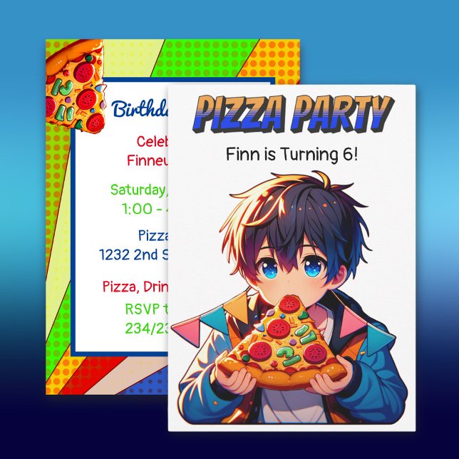 Pizza Födelsedagsfest | Anime Boy med Pizza Inbjudningar (Skapare uppladdad)