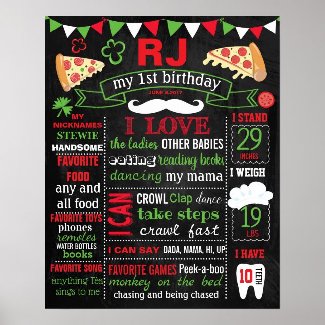 Pizza Födelsedagsfest chalkboard-skylt Poster (Framsidan)