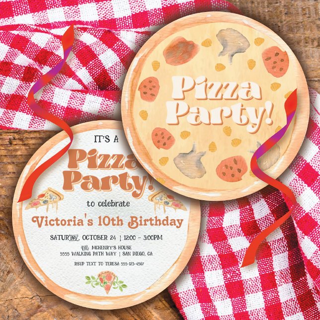 Pizza-Födelsedagsfest med runda vattenfärger Inbjudningar (Skapare uppladdad)