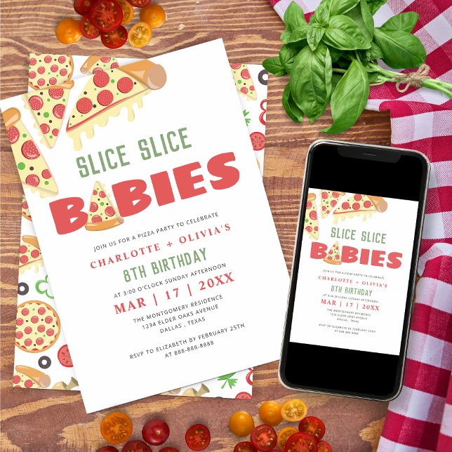 Pizza-Födelsedagsfesten Modern Segce Baby Twilling Inbjudningar (Skapare uppladdad)