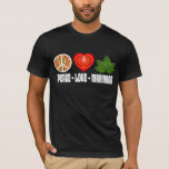 Pizza Fredstecken Tomato Heart och Basil Lövs T Shirt<br><div class="desc">Säg bara ja till smaklig marinara, en populär matstapel sedan 1700-talet i Neapel. Den italienska maten humor stil har ett 60-tal fredstecken kring en pizza, ett rött tomathjärta, ett skiktat grönt basil löv och slogan "Peace Kärlek Marinara". Märk smaken av Italien med roligt, humor och färska basilila löv. Färg design...</div>