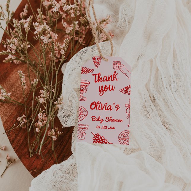Pizza Hand plockade Red Speciell Delivery Baby Sho Presentetikett (Skapare uppladdad)