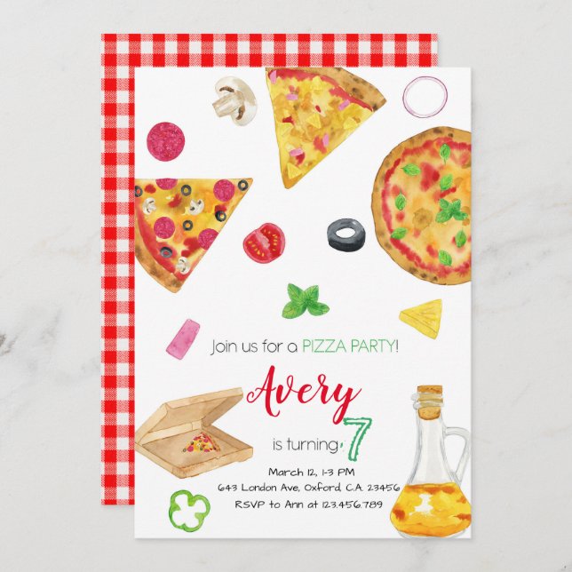 Pizza Invitation, Pizza Invite, Pizza Birthday Inbjudningar (Fram/baksida)