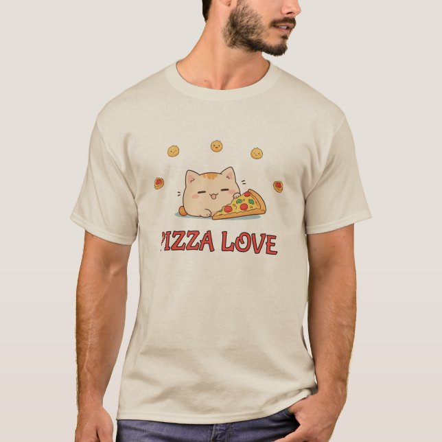Pizza Kärlek - Kawaii Cat med Pizza T Shirt (Framsida)