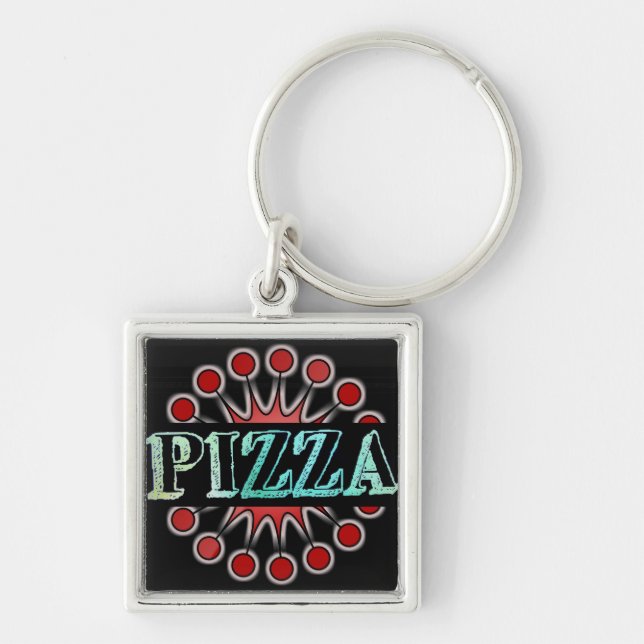 Pizza Keychain Fyrkantig Silverfärgad Nyckelring (Framsidan)
