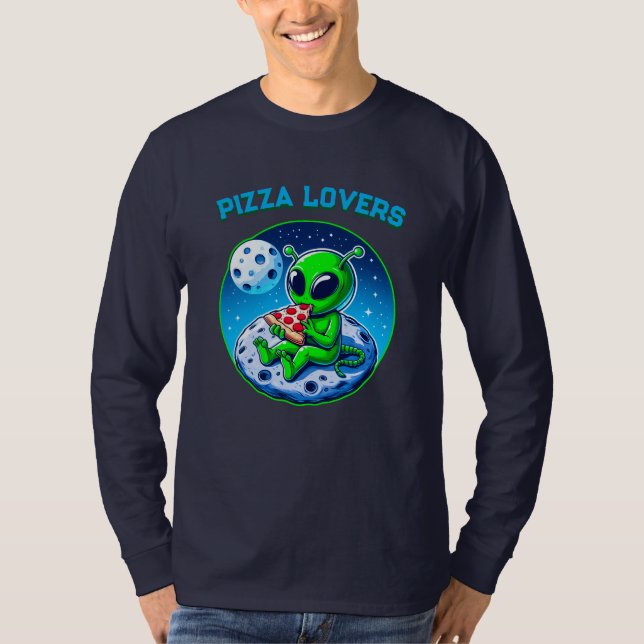 Pizza-Loving Alien vid Måne | Roligt Cosmic T Shirt (Framsida)