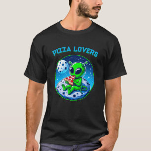 Pizza-Loving Alien vid Måne Roligt Cosmic T Shirt