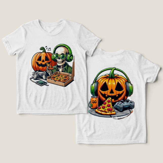 Pizza-Loving Skeleton: Spelande, Cheese Overload T Shirt (Design fram och bak)