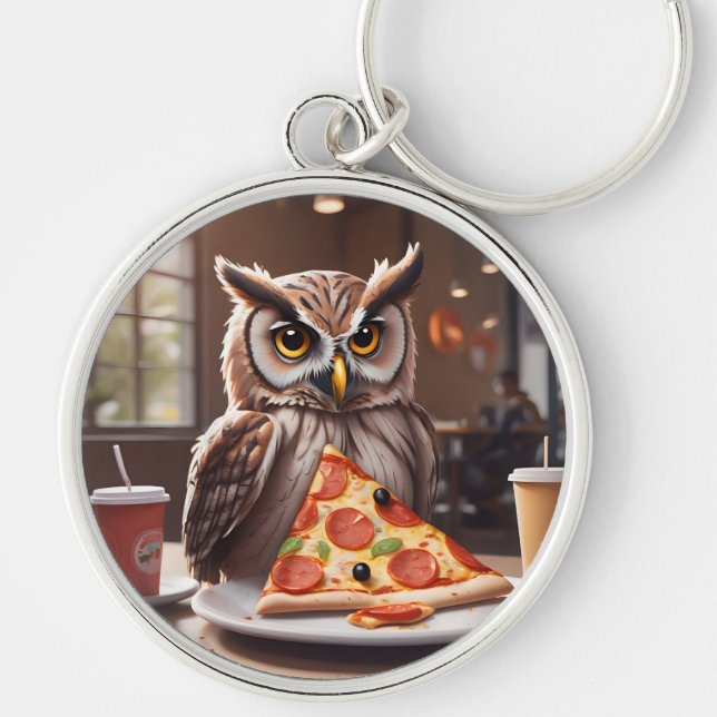Pizza-Loving Uggla i Cafe Rund Silverfärgad Nyckelring (Framsidan)