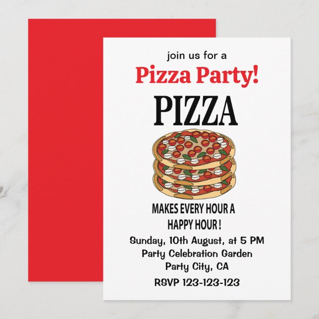 Pizza Makes varje timme i Lycklig Pizza Inbjudningar (Fram/baksida)