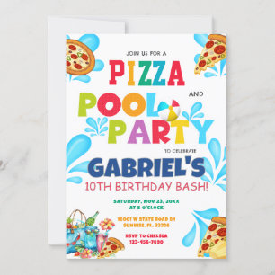 Pizza och Bassäng Party simming-inbjudan på födels Inbjudningar