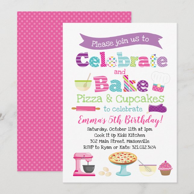 Pizza och Cupkaka Baking Party Inbjudningar (Fram/baksida)