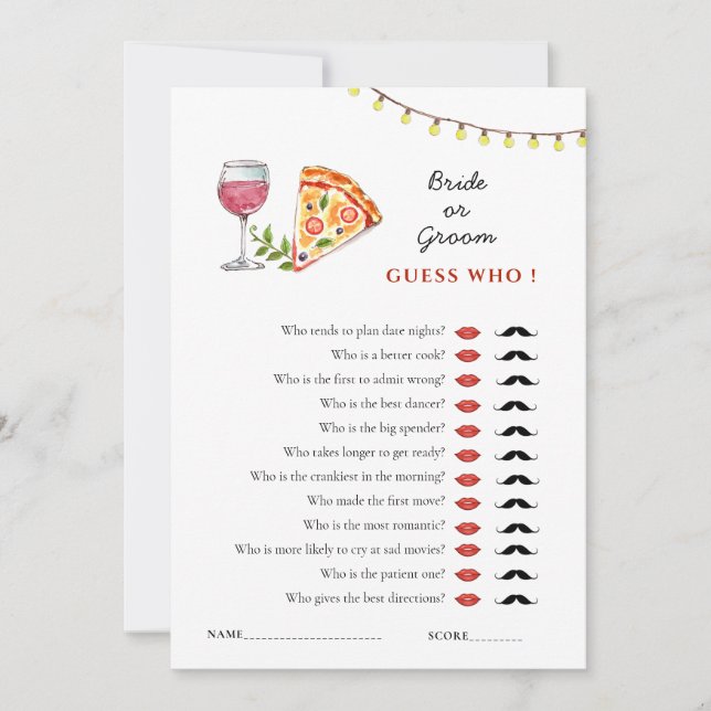 Pizza och Kärlek 'Gissa Vem' Bröllopsdusch spel Inbjudningar (Framsida)