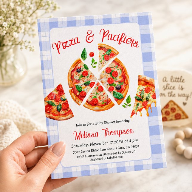 Pizza och napp Pojke Blå Gingham Bebis Shower Inbjudningar (Skapare uppladdad)