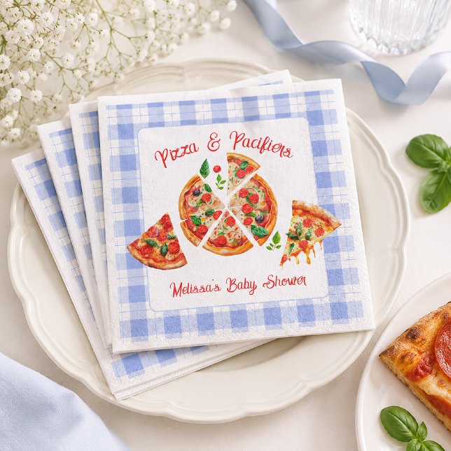 Pizza och napp Pojke Blå Gingham Bebis Shower Pappersservett (Skapare uppladdad)