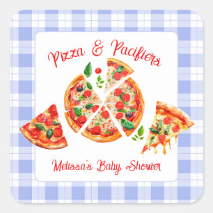 Pizza och napp Pojke Blå Gingham Bebisbad Fyrkantigt Klistermärke