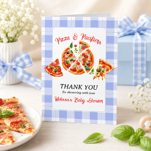 Pizza och napp Pojke Blå Gingham Bebisbad Tack Kort
