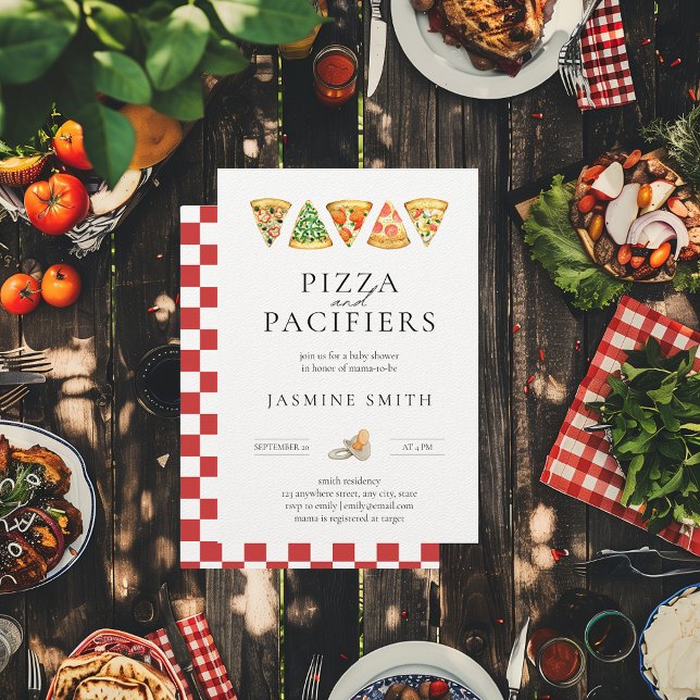 Pizza och Nappar Baby Shower Inbjudningar (Pizza and Pacifiers Casual Baby Shower Invitation)