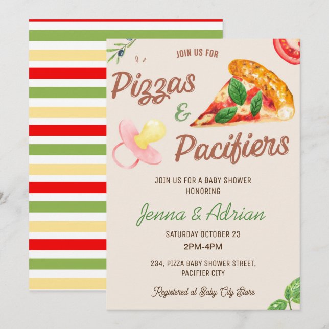 Pizza och Nappar Girl Co-Ed Baby Shower Inbjudningar (Fram/baksida)