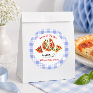 Pizza och nappflaska Blå Gingham Pojk Babyshower Runt Klistermärke