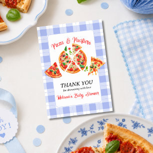 Pizza och nappflaskor Blå Gingham Pojke Baby Showe Tack Kort