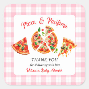 Pizza och nappflaskor Rosa Rutig Bebis Shower Fest Fyrkantigt Klistermärke
