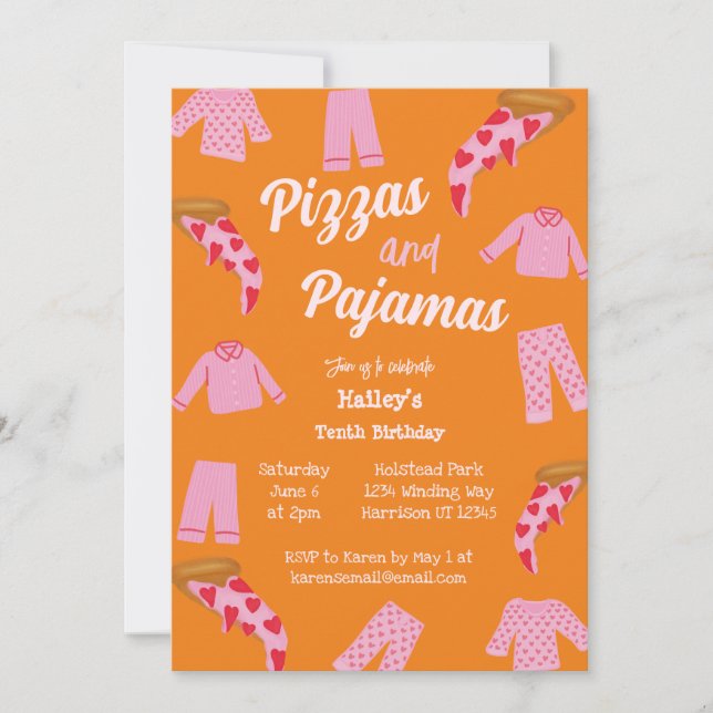 Pizza och Pajama Party Sleepover Birthday Inbjudningar (Framsida)