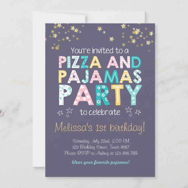 Pizza och Pajamas födelsedagsinbjudan Sleepover Inbjudningar (Framsida)