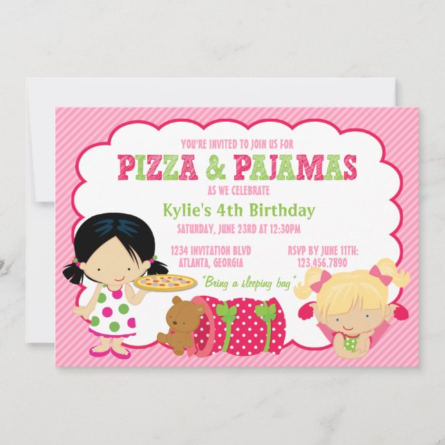 Pizza och Pajamas Sleepover Party Inbjudningar (Framsida)