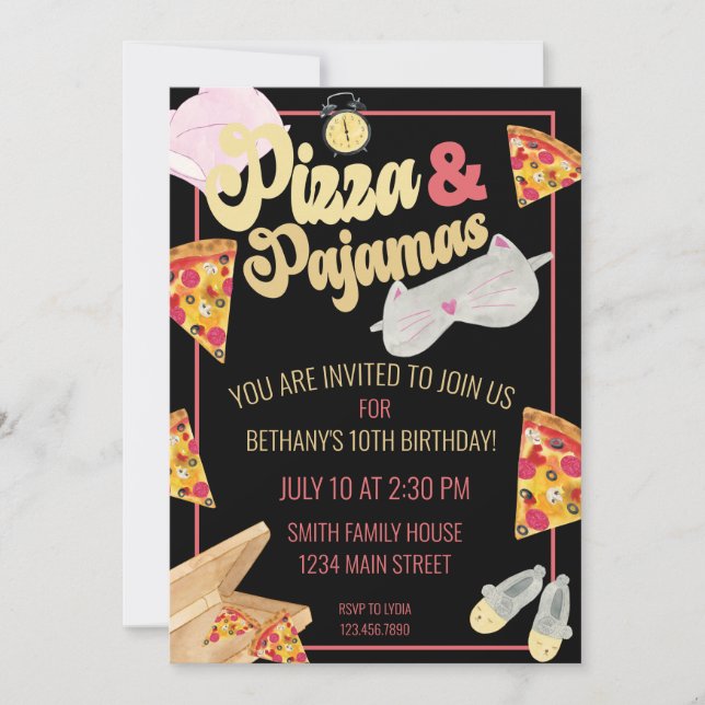 Pizza och Pajamas Slumber Party Sleepover Birthday Inbjudningar (Framsida)