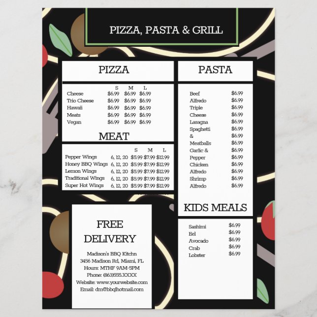 Pizza och Pasta Grill Restaurang Spaghetti Meny (Framsidan)