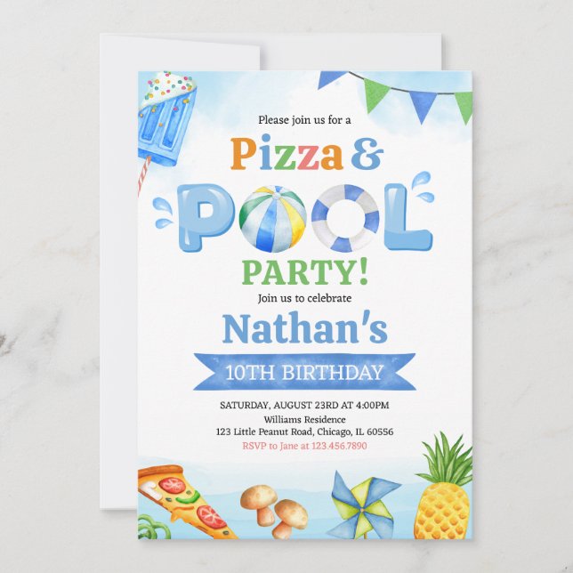 Pizza och pool födelsedagsfest inbjudningar (Framsida)