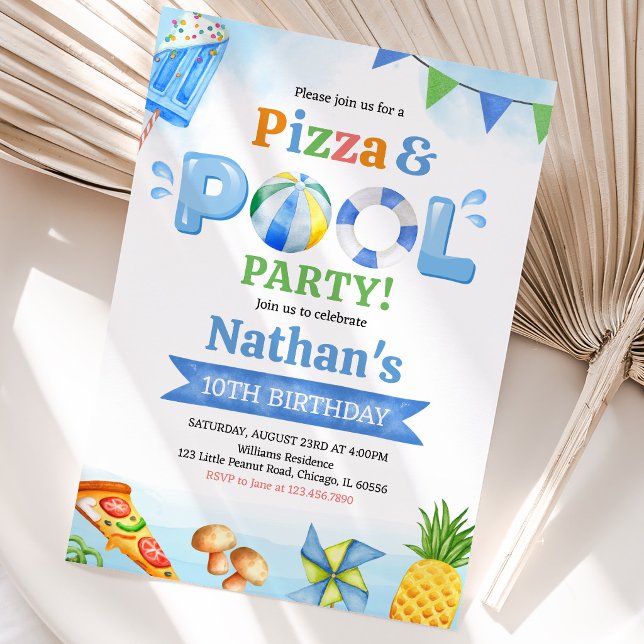 Pizza och pool födelsedagsfest inbjudningar (Skapare uppladdad)
