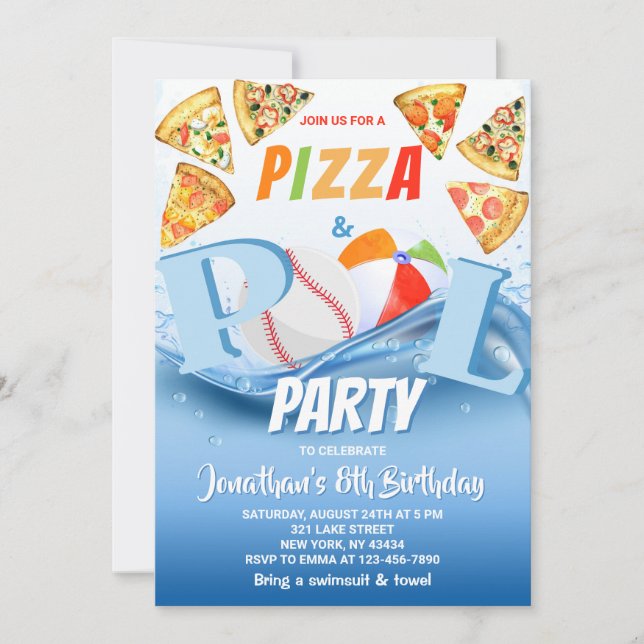 Pizza och poolparty-födelsedag inbjudningar (Framsida)