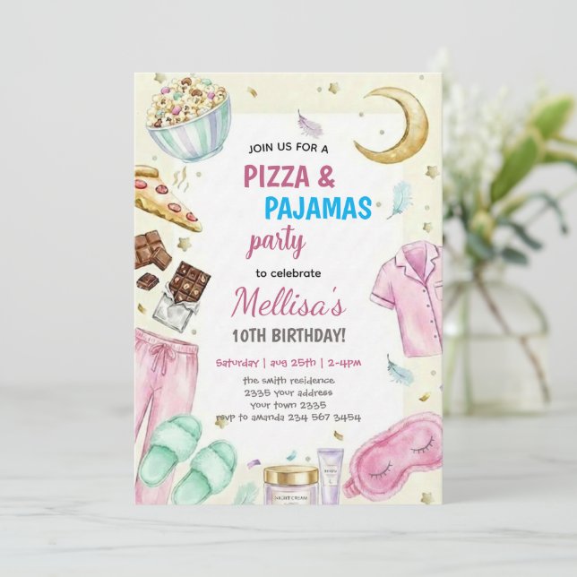 Pizza och Pyjamas Sömnparty Födelsedagsfest Inbjudningar (Stående Fram)