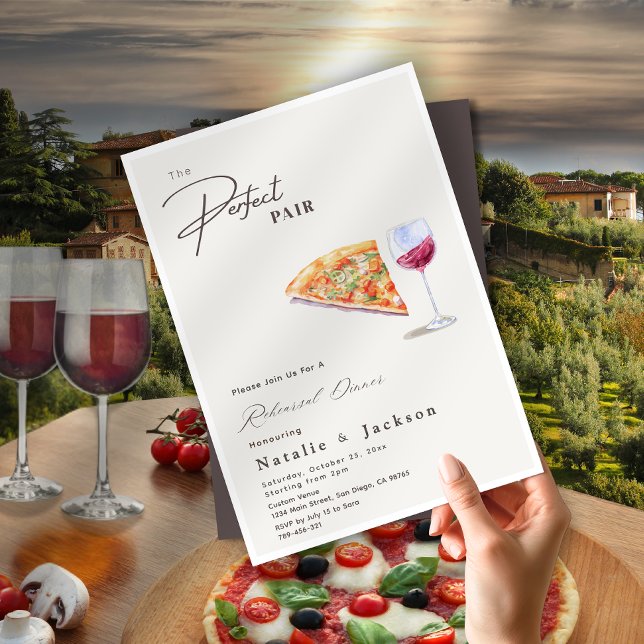 Pizza och Vin Perfekt Pair Rehearsal Middag Inbjudningar (Pizza and Wine The Perfect Pair Rehearsal Dinner Invitation)