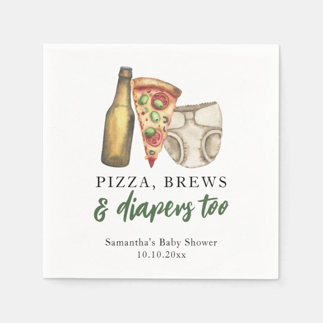 Pizza, öl och blöjor också Baby shower Pappersservett (Framsidan)