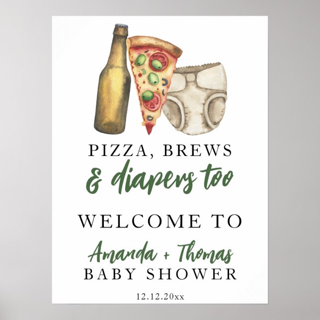 Pizza, öl och blöjor också Baby shower Poster (Framsidan)
