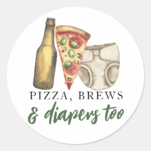 Pizza, öl och blöjor också Baby shower Runt Klistermärke
