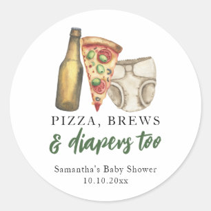 Pizza, Öl och Blöjor också Baby shower Runt Klistermärke