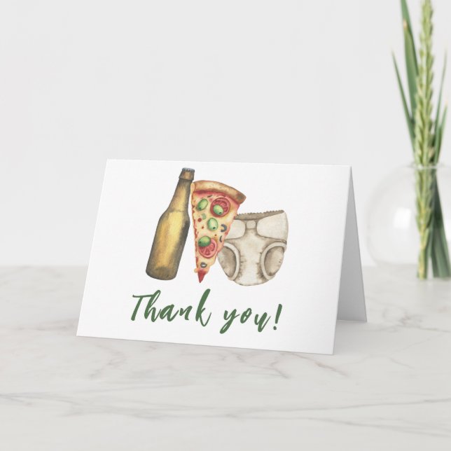 Pizza, öl och blöjor också Baby shower Tack Kort (Framsida)