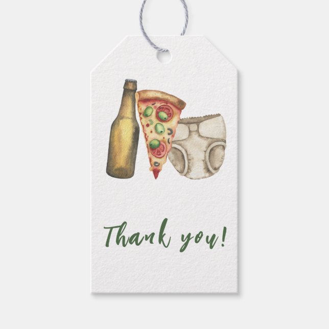 Pizza, öl och blöjor också Baby shower Tack Presentetikett (Framsidan)
